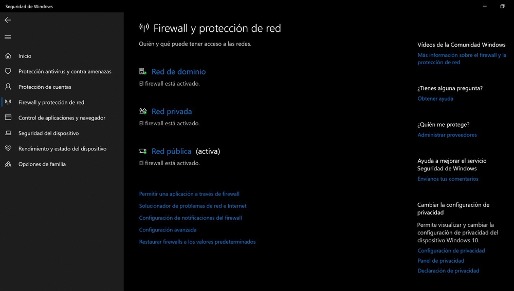 Opciones de Firewall en Windows 10