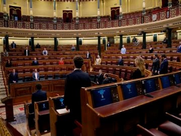 Vista general del hemiciclo, durante un minuto de silencio por las víctimas del coronavirus antes del inicio del pleno del Congreso Vista general del hemiciclo, durante un minuto de silencio por las víctimas del coronavirus antes del inicio del pleno del Congreso