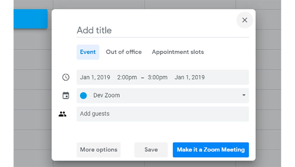 Convirtiendo una entrada en el calendario en una videollamada de Zoom