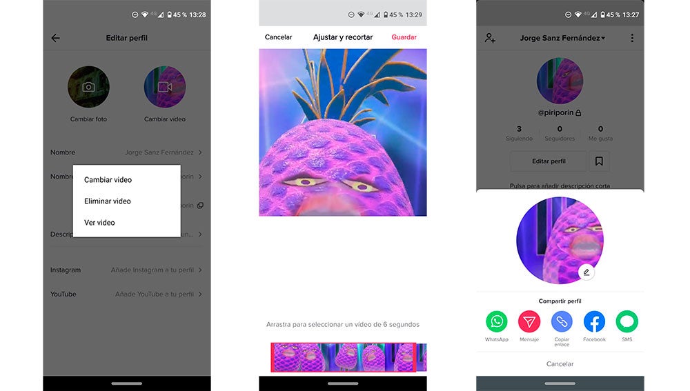 Seleccionando el nuevo vídeo para el perfil
