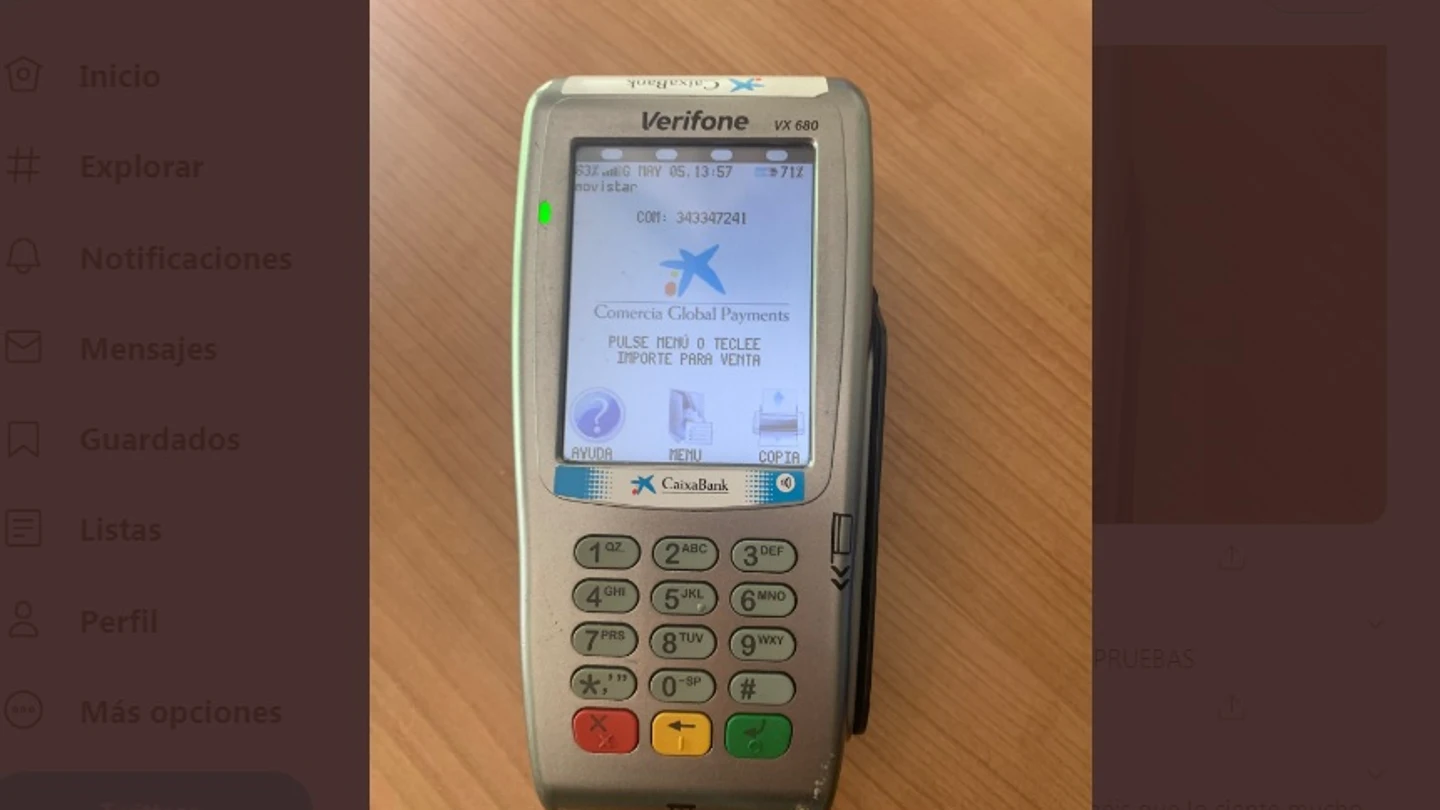 La imagen del datáfono que el joven compartió en redes sociales. La imagen del datáfono que el joven compartió en redes sociales.