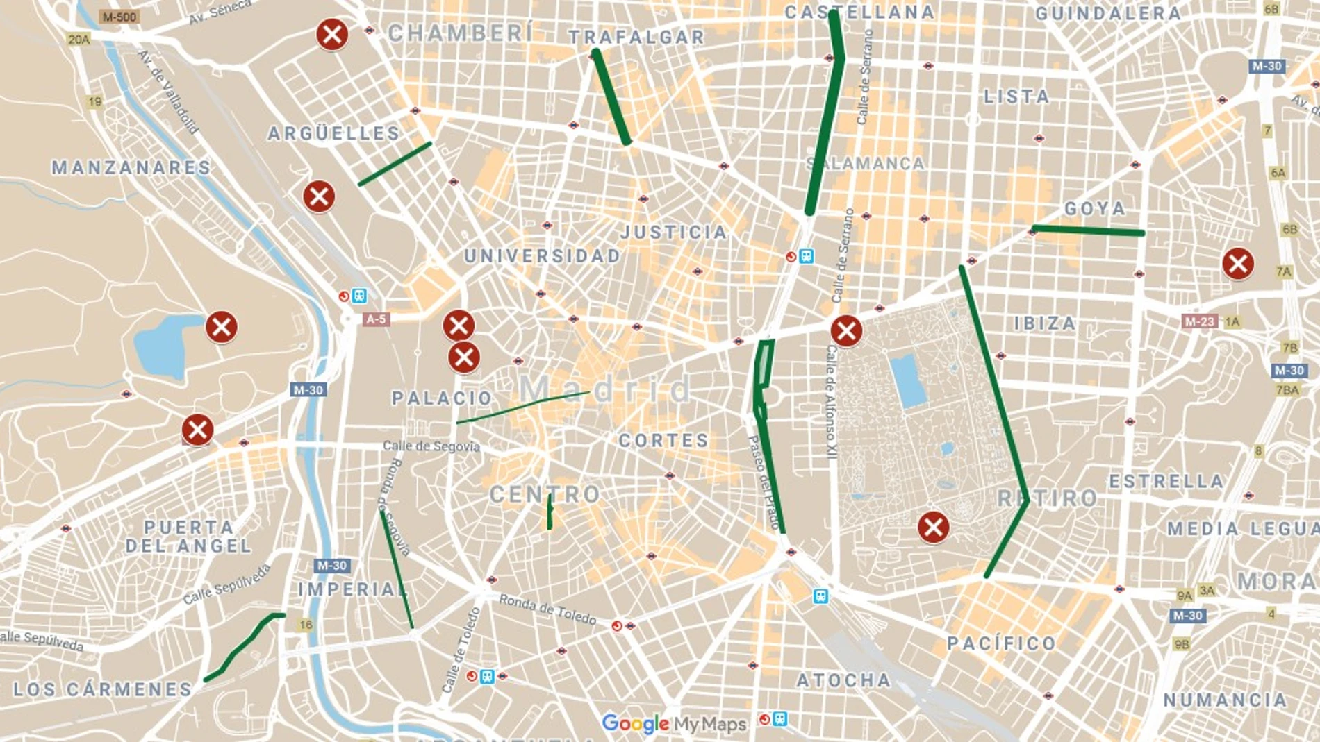 Mapa de los parques abiertos y calles peatonalizadas en Madrid