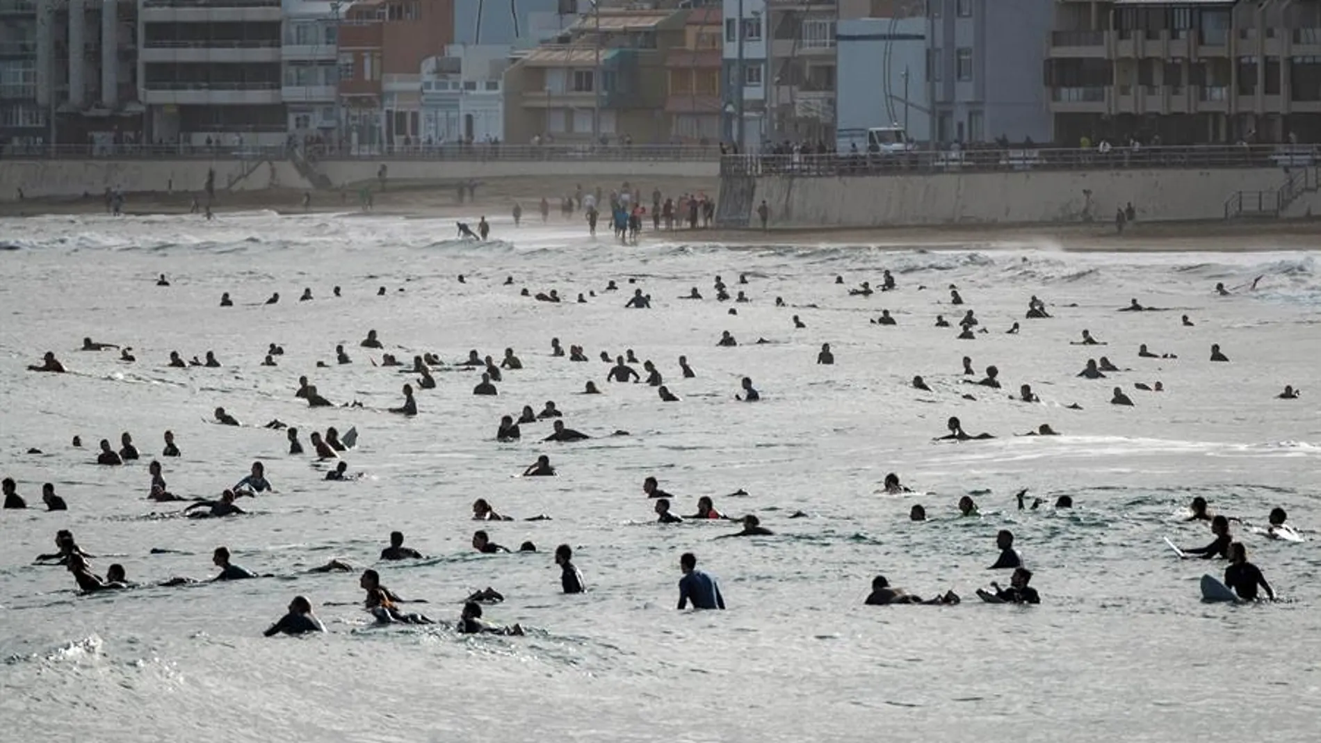 Decenas de surfistas el pasado sábado en la playa de Las Canteras, en Las Palmas de Gran Canaria.