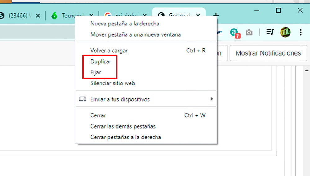 Menú para duplicar y fijar pestañas