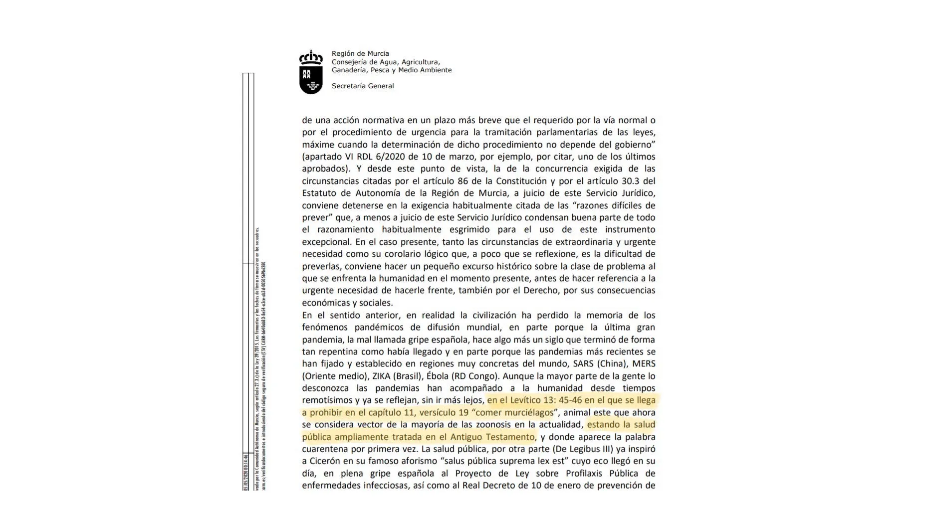 Informe jurídico de la Consejería de Agua, Agricultura, Ganadería, Pesca y Medio Ambiente de la Región de Murcia