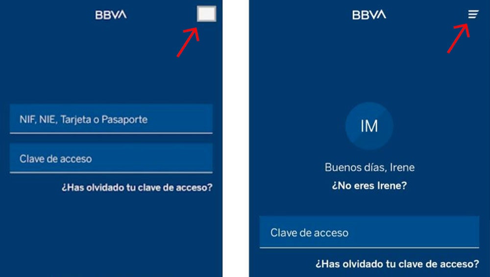 Pantalla de acceso 'fake' (izquierda) frente a la original (derecha) de la app de BBVA para Android.