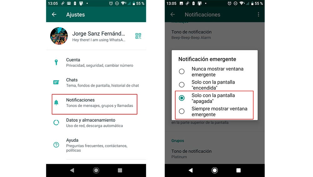 Activando las notificaciones en Android 9 desde WhatsApp