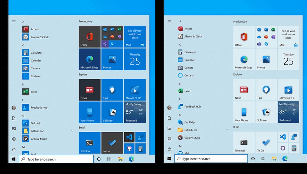 Actual (i) y futuro (d) diseño del menú de inicio de Windows 10