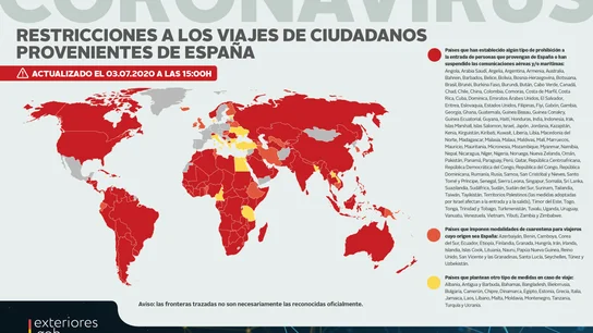 Mapa facilitado por el Ministerio de Exteriores de los países con restricciones a los viajes de ciudadanos procedentes de España Mapa facilitado por el Ministerio de Exteriores de los países con restricciones a los viajes de ciudadanos procedentes de España