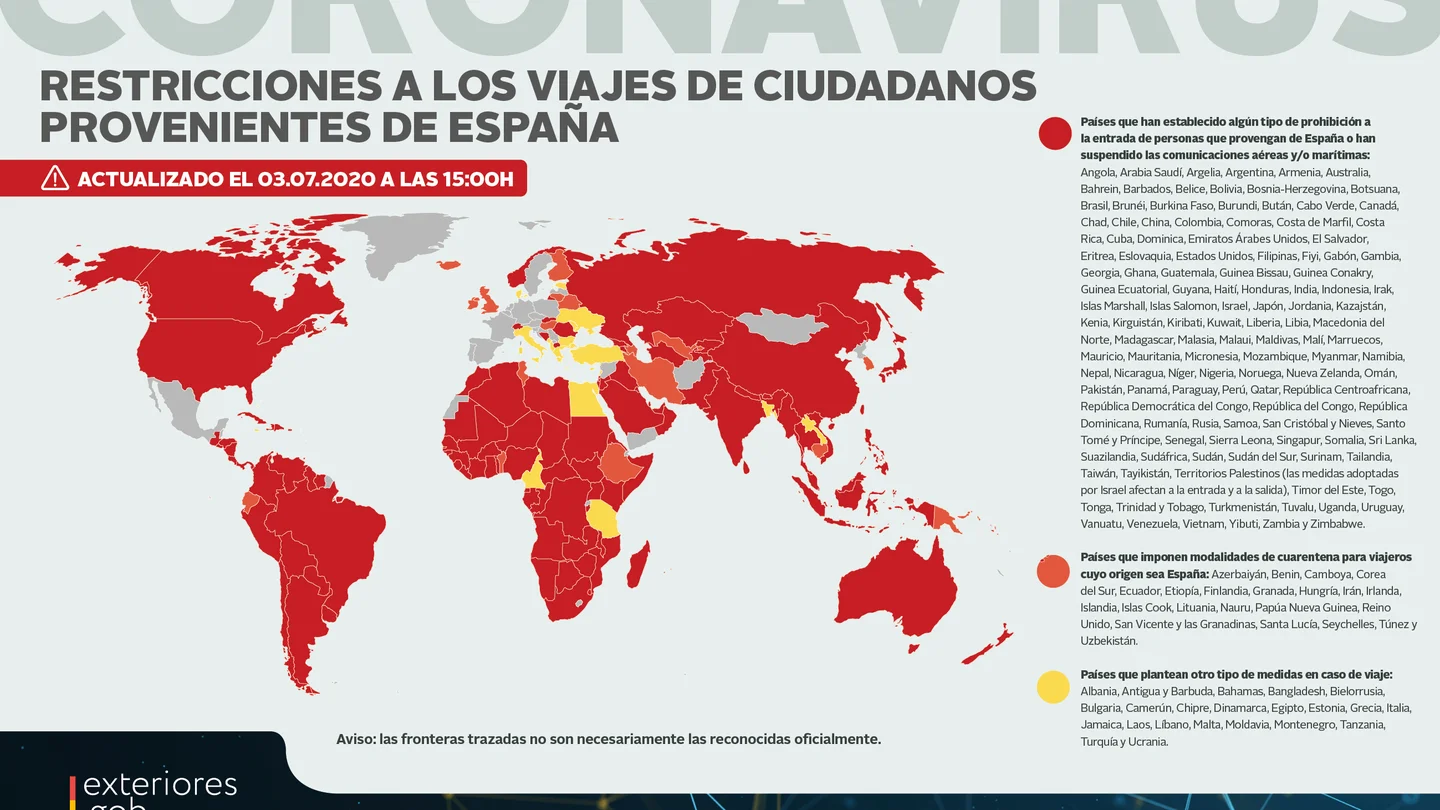 Mapa facilitado por el Ministerio de Exteriores de los países con restricciones a los viajes de ciudadanos procedentes de España Mapa facilitado por el Ministerio de Exteriores de los países con restricciones a los viajes de ciudadanos procedentes de España