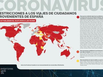 Mapa facilitado por el Ministerio de Exteriores de los países con restricciones a los viajes de ciudadanos procedentes de España Mapa facilitado por el Ministerio de Exteriores de los países con restricciones a los viajes de ciudadanos procedentes de España