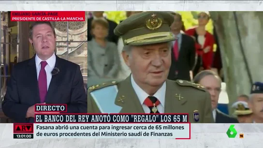 El presidente de Castilla-La Macha, Emiliano García-Page. García-Page afirma que "fuentes muy bien informadas" le aseguran que el dinero del rey no procede de comisiones ilegales