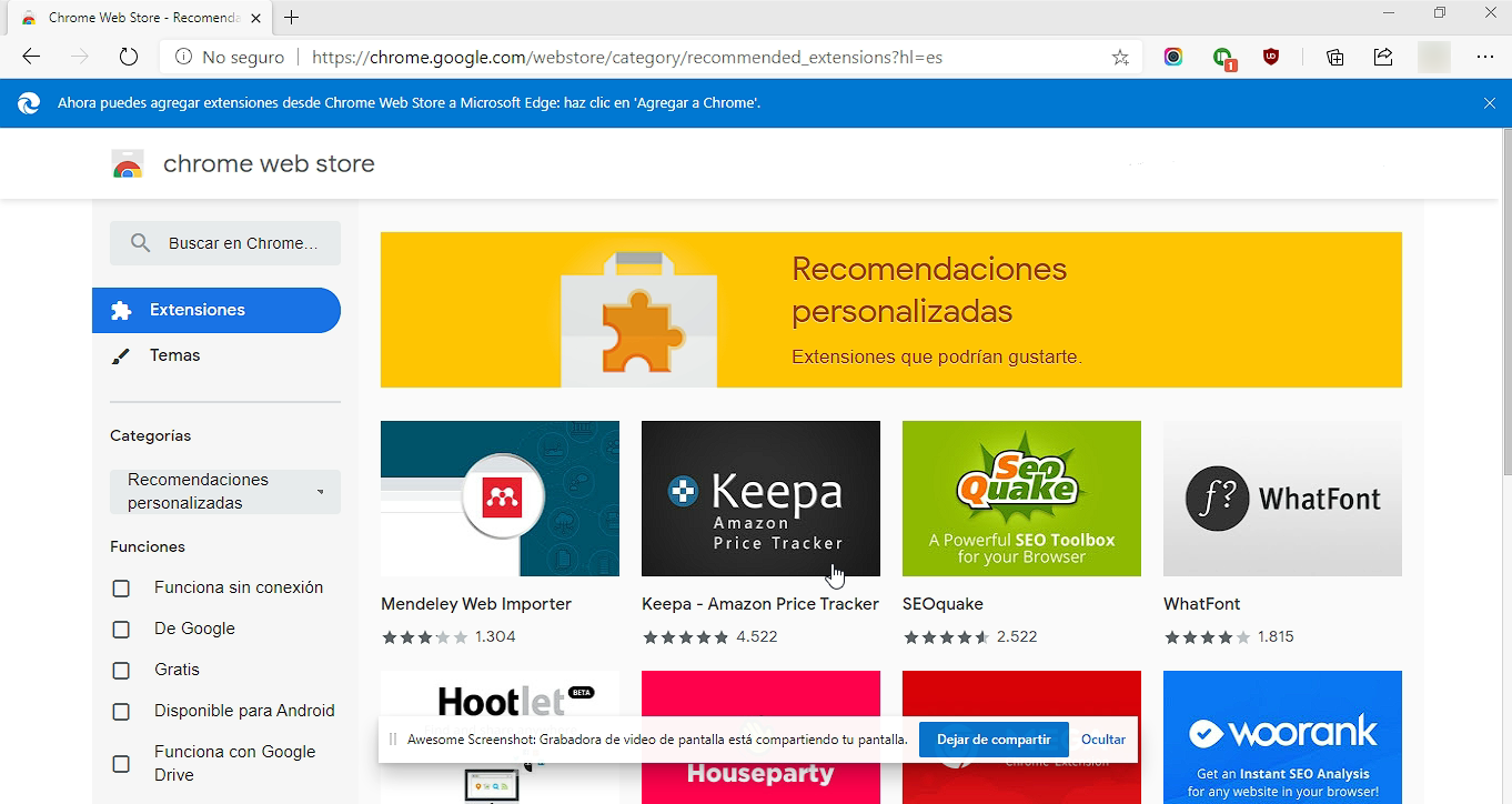 Microsoft Edge extensiones