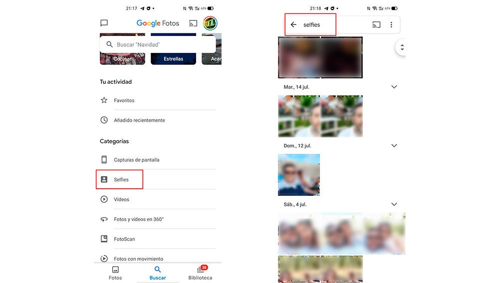 Resultados de selfies en Google Fotos