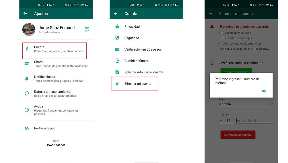 Borrando nuestra cuenta de WhatsApp