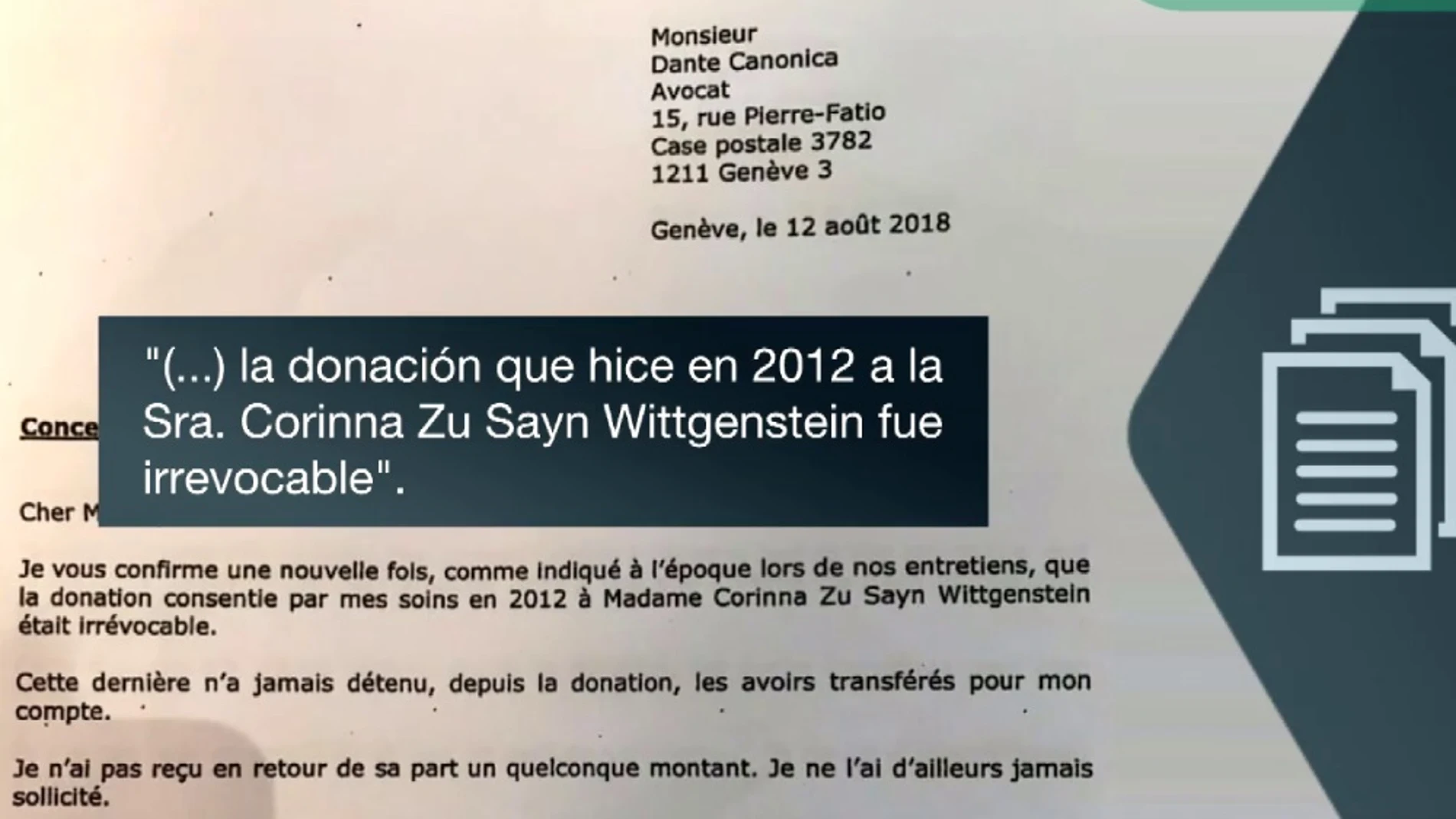 Imagen de la carta de Juan Carlos I a su abogado