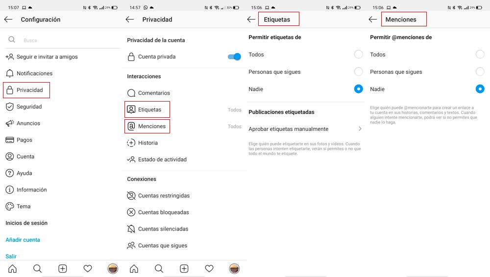 Desactiva menciones y etiquetas