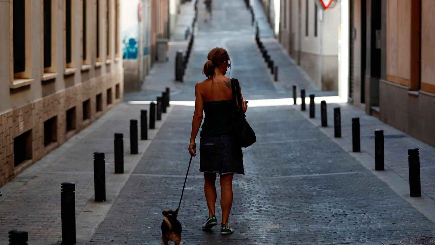 Una mujer pasea con su perro por una calle desierta del centro de Madrid Madrid