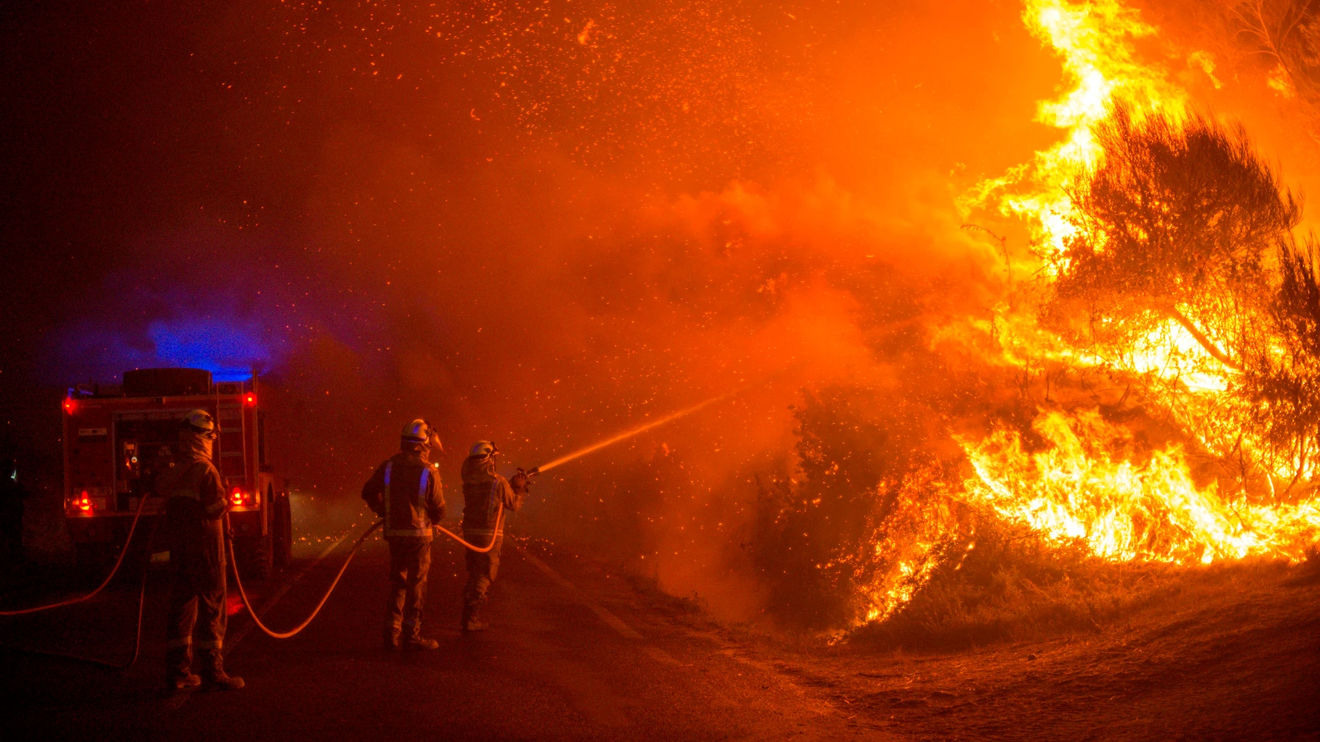 Varios bomberos realizan labores de extinción en un incendio forestal