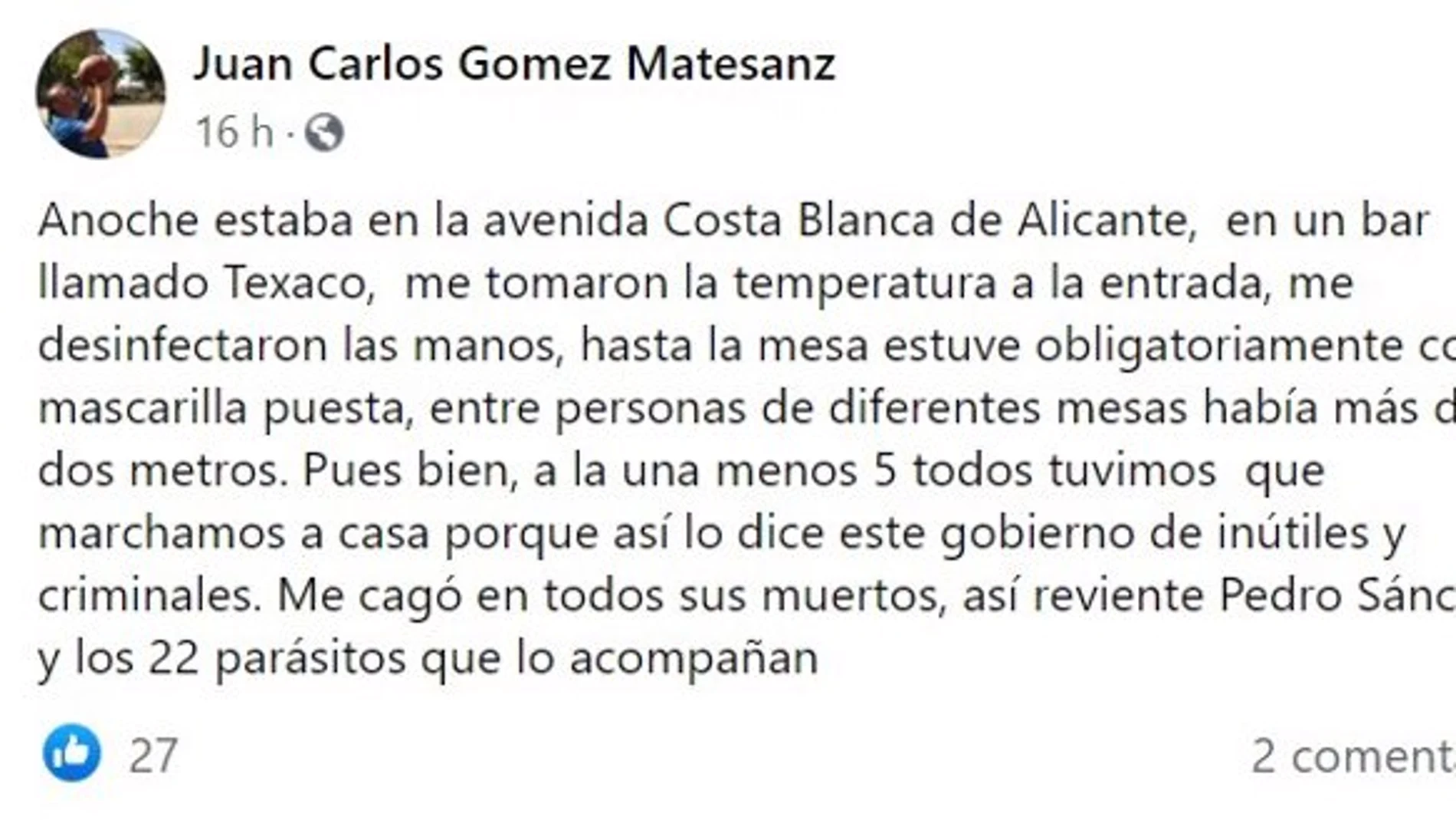 El 'post' de Juan Carlos Matesanz