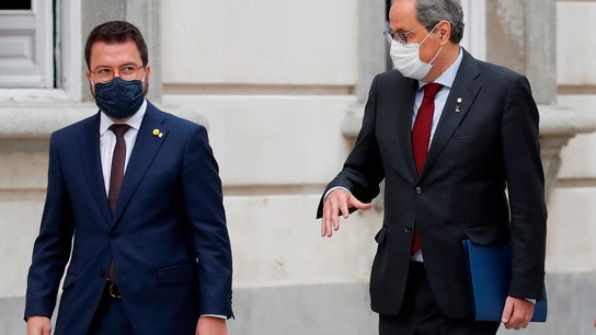 El presidente de la Generalitat, Quim Torra, a su llegada al Tribunal Supremo este jueves en Madrid, junto al vicepresidente, Pere Aragonès. El presidente de la Generalitat, Quim Torra, a su llegada al Tribunal Supremo este jueves en Madrid, junto al vicepresidente, Pere Aragonès.