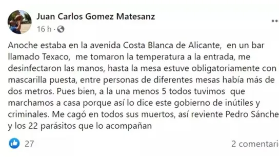 Texto de Juan Carlos Gomez en Facebook Texto de Juan Carlos Gomez en Facebook