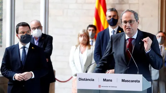 El presidente de la Generalitat, Quim Torra, durante la declaración institucional. El presidente de la Generalitat, Quim Torra, durante la declaración institucional.