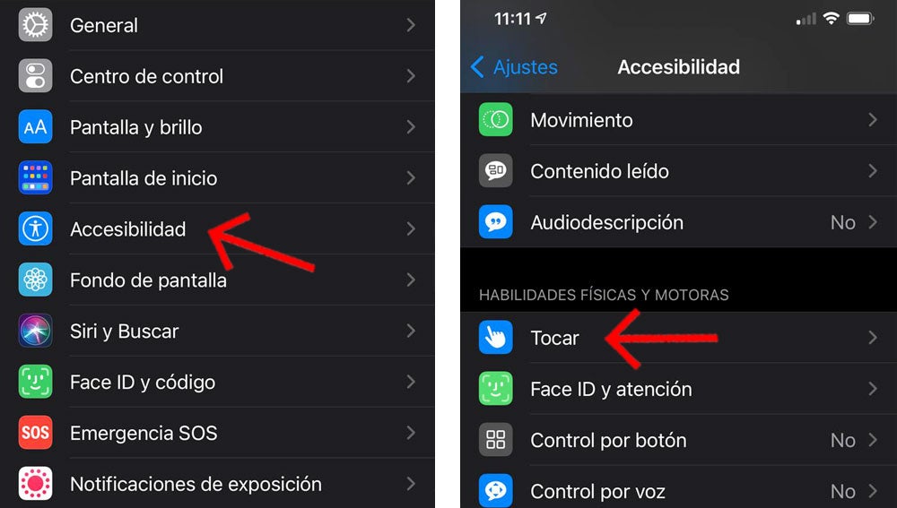 Acceder al menú de "Tocar" en iOS 14.