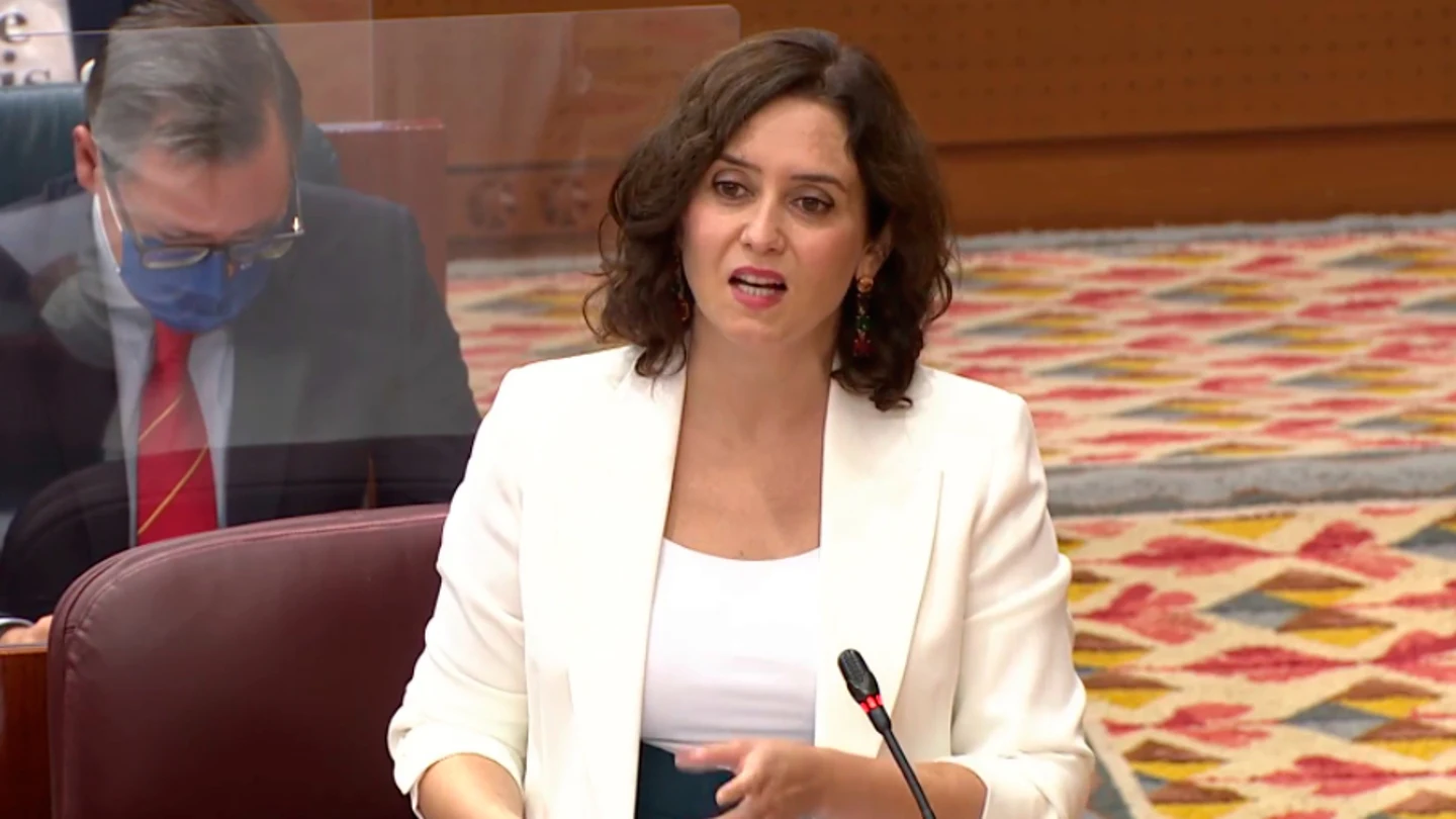 La presidenta de la Comunidad de Madrid, ,Isabel Diaz Ayuso, durante su intervención en la asamblea de Madrid La presidenta de la Comunidad de Madrid, ,Isabel Diaz Ayuso, durante su intervención en la asamblea de Madrid