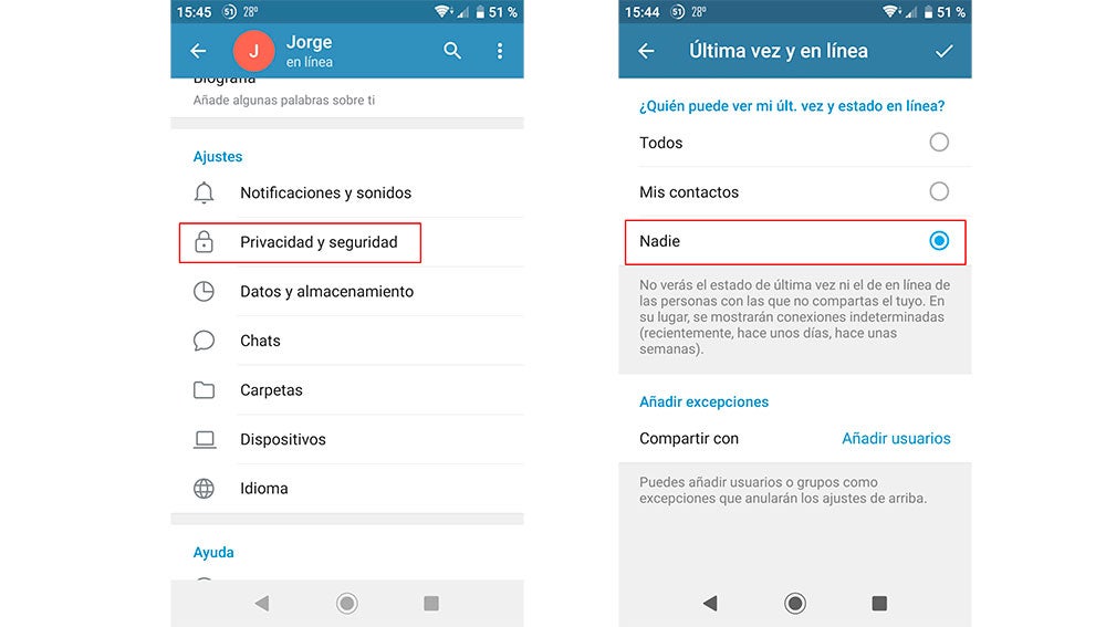 Desactivando las confirmaciones de lectura y última hora o en línea