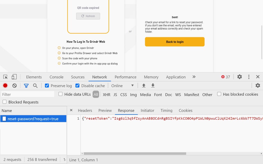 Error de Grindr en la consola de desarrollo del navegador.