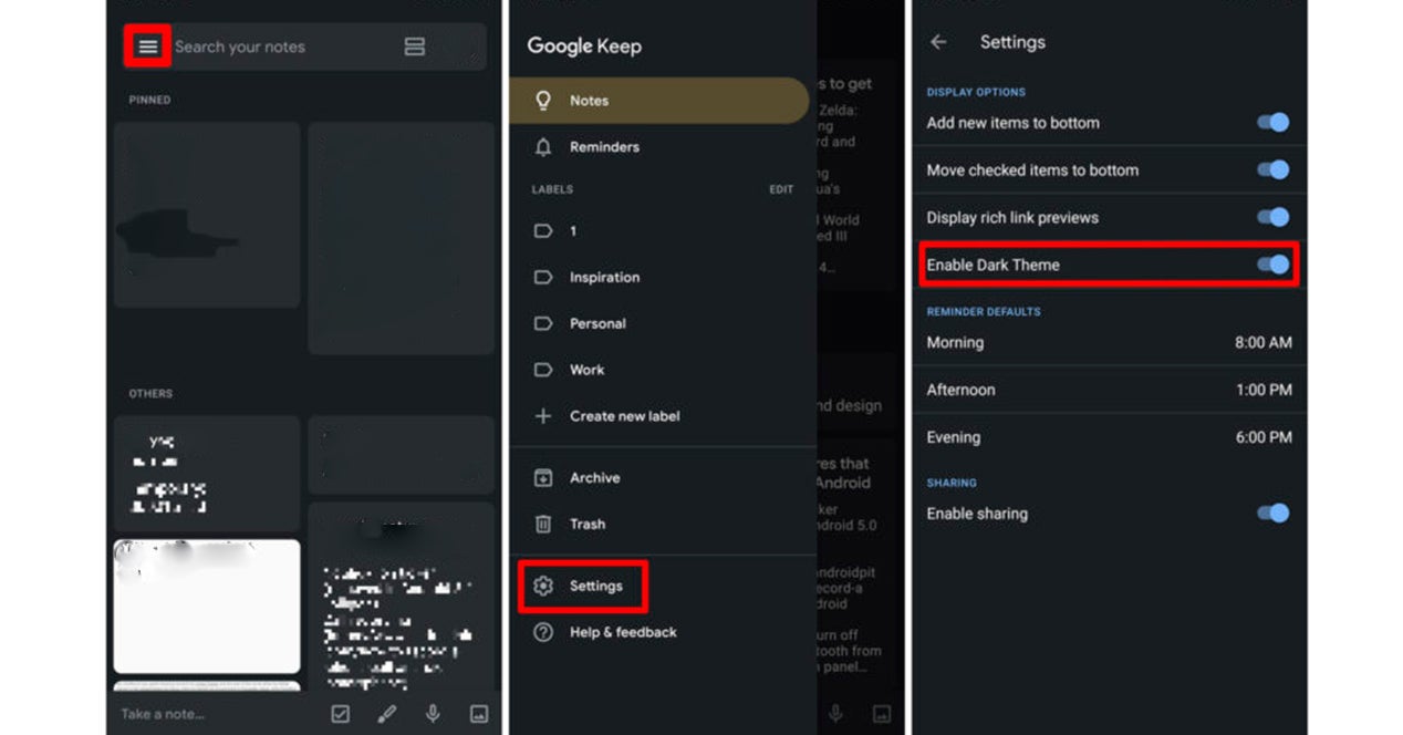 Tema oscuro Google Keep