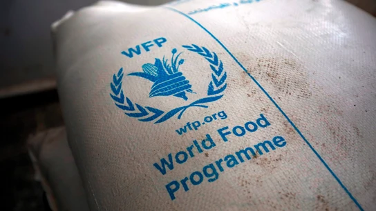Un saco del Programa Mundial de Alimentos (PMA) en un centro de distribución de ayuda en Sana'a, Yemen, el 11 de febrero de 2020 Un saco del Programa Mundial de Alimentos (PMA) en un centro de distribución de ayuda en Sana'a, Yemen, el 11 de febrero de 2020