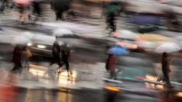 Fotografía tomada con velocidad de obturación lenta que muestra a peatones con paraguas en un cruce de Tokio, Japón