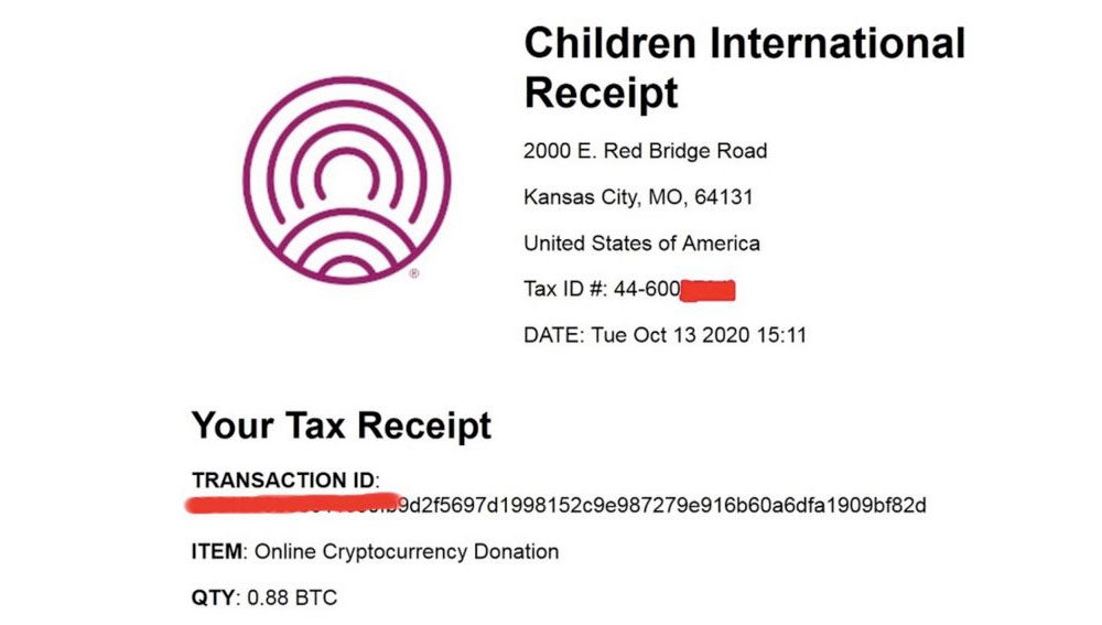 Recibo de la donación de los hackers de Darkside a una organización benéfica.