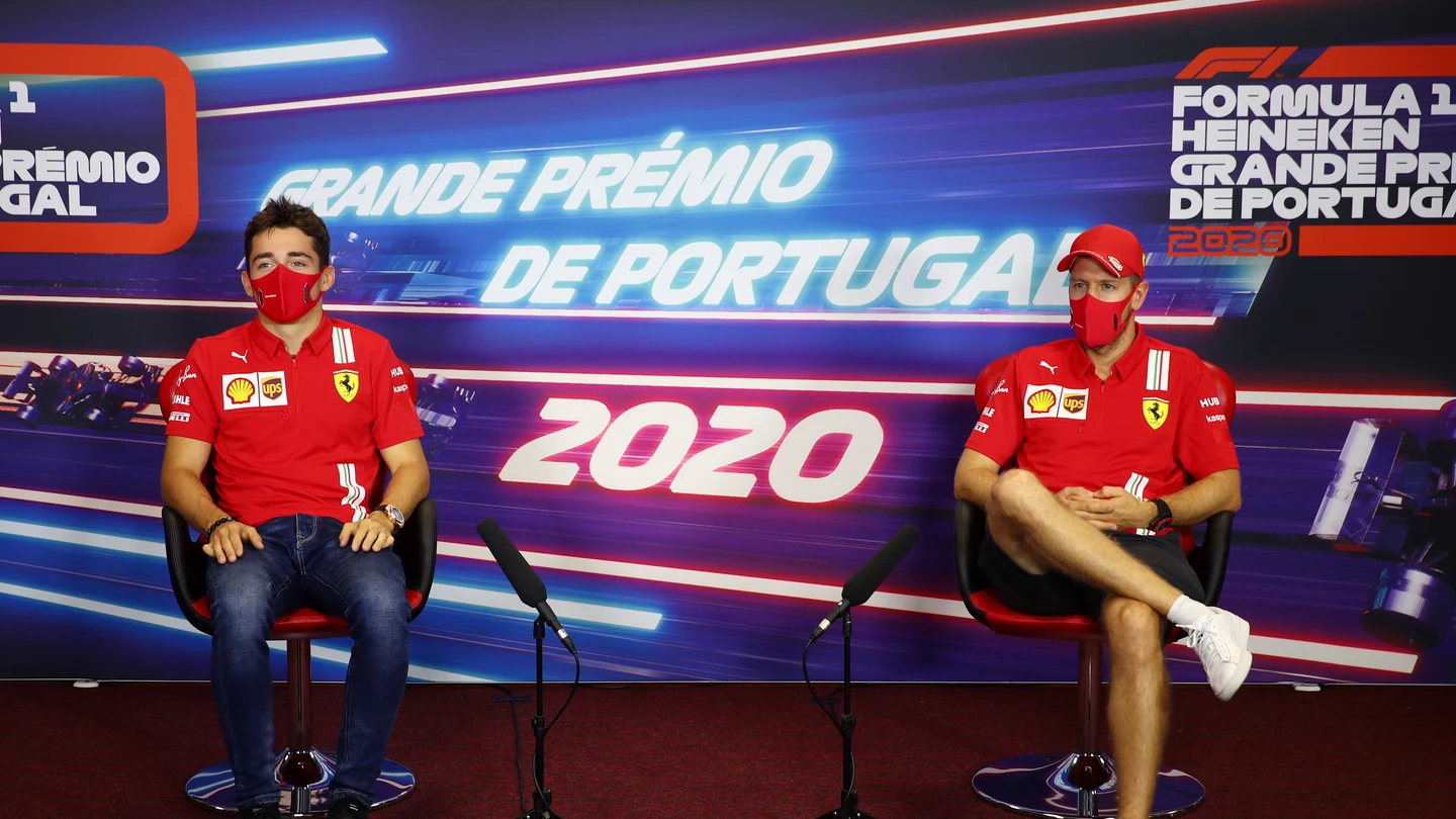 Sebastian Vettel y Charles Leclerc en rueda de prensa Responden a los periodistas en la previa al PG de Portugal.