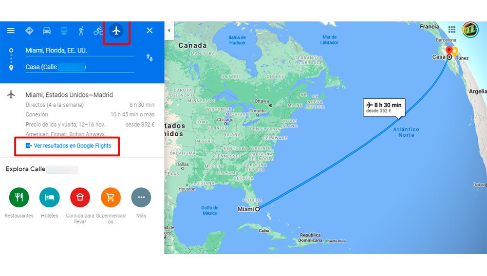 Buscando vuelos en Google Maps