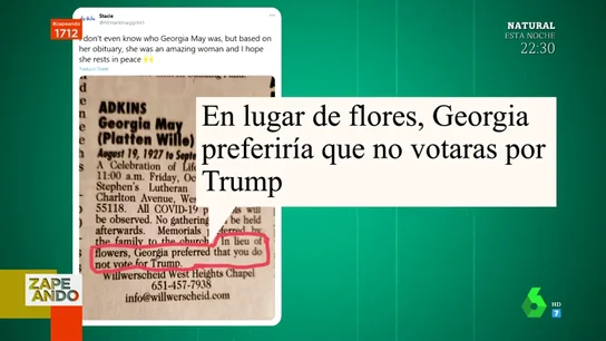 "En lugar de flores, Georgia prefiere que no votes a Trump": la esquela de una mujer se hace viral por su última voluntad "En lugar de flores, Georgia prefiere que no votes a Trump": la esquela de una mujer se hace viral por su última voluntad