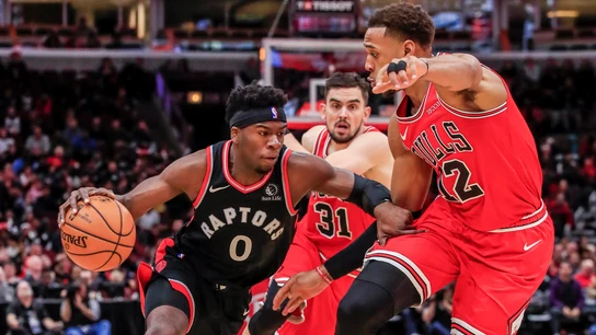 Terence Davis, en un partido frente a los Bulls El escolta de los Raptors entrando a canasta