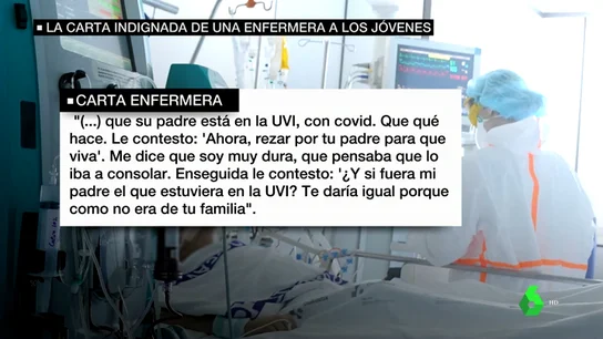 La dura carta de una enfermera indignada: "El joven que me dijo que quería divertirse me llama porque su padre está en la UVI con COVID" La dura carta de una enfermera indignada: "El joven que me dijo que quería divertirse me llama porque su padre está en la UVI con COVID"