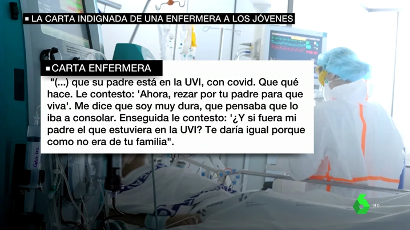 La dura carta de una enfermera indignada: "El joven que me dijo que quería divertirse me llama porque su padre está en la UVI con COVID" La dura carta de una enfermera indignada: "El joven que me dijo que quería divertirse me llama porque su padre está en la UVI con COVID"