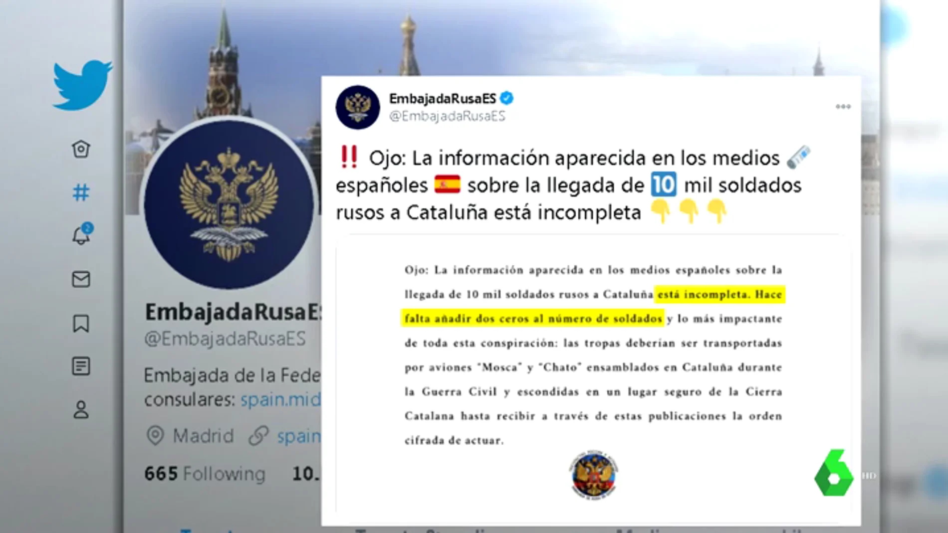 La Embajada de Rusia responde sobre la oferta de 10.000 soldados para Cataluña: "Faltan dos ceros"