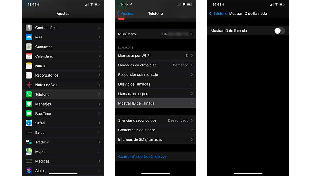 Ocultando el número desde los ajustes