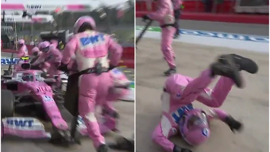 Stroll se lleva por delante a un mecánico Stroll se lleva por delante a un mecánico