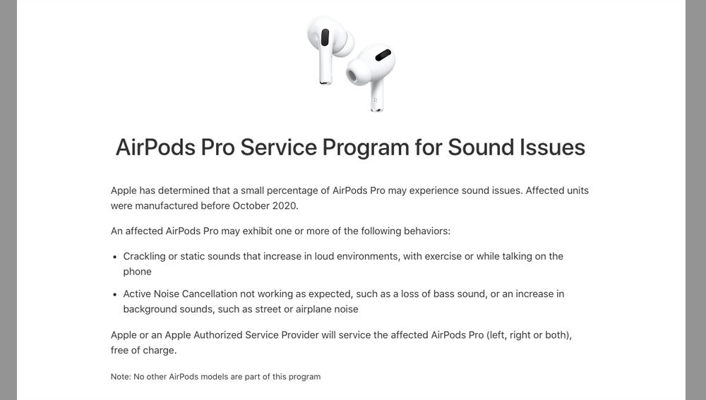 Página oficial de Apple para el reemplazo de Airpods Pro defectuosos.