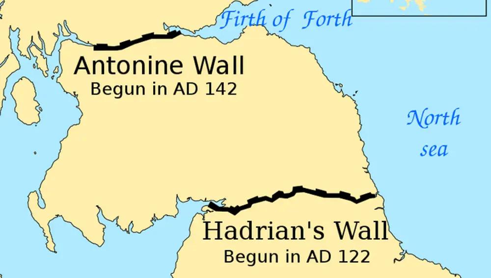 Ubicación de los muros de Adriano y Antonino en el mapa de Inglaterra