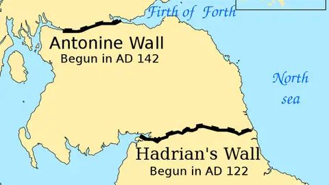 Ubicación de los muros de Adriano y Antonino en el mapa de Inglaterra Ubicación de los muros de Adriano y Antonino en el mapa de Inglaterra