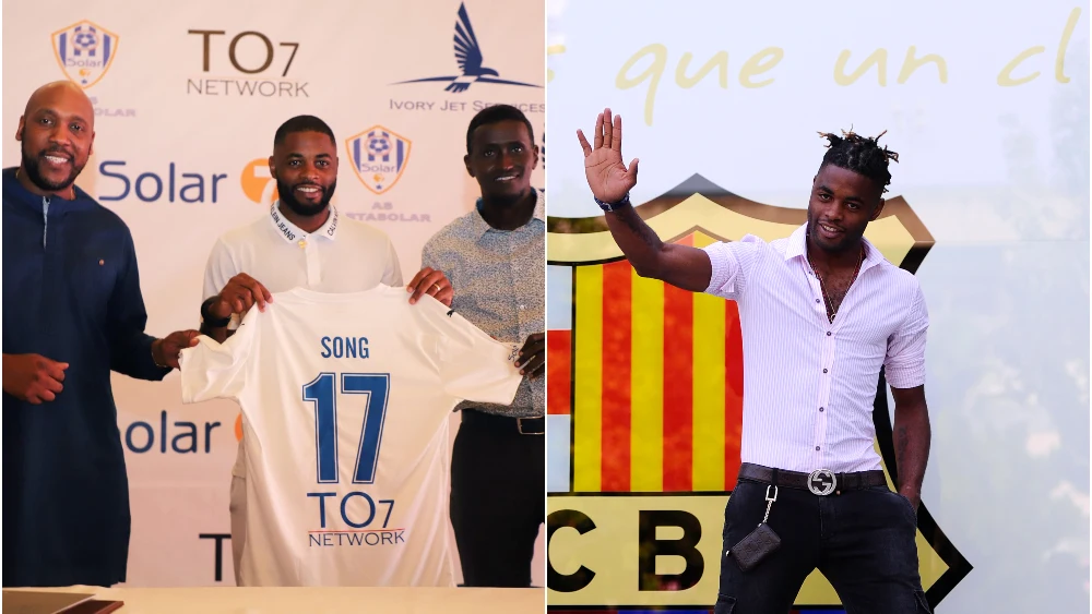 Alex Song, en su presentación con el AS Arta Solar 7 y con el FC Barcelona