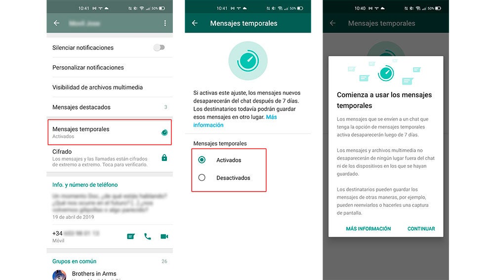 Mensajes temporales de WhatsApp