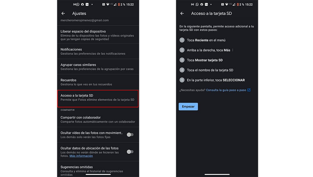Accediendo a la configuración de la microSD